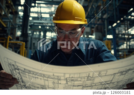 Industrial engineer analyzing blueprint in modern factory setting for efficient project planning and innovation Industrial engineer analyzing blueprint in modern factory setting for efficient project planning and innovation 126003181