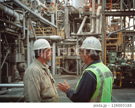 Industrial engineers discussing operations at a complex manufacturing facility Industrial engineers discussing operations at a complex manufacturing facility 126003188