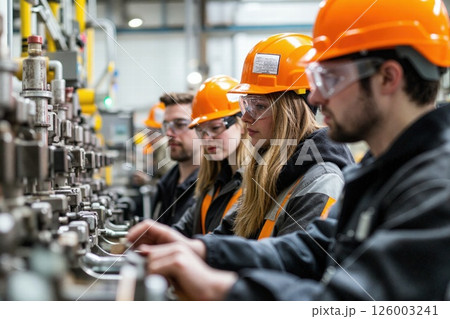 Industrial teamwork in action: engineers operating machinery in modern factory setting for collaborative projects Industrial teamwork in action: engineers operating machinery in modern factory setting for collaborative projects 126003241