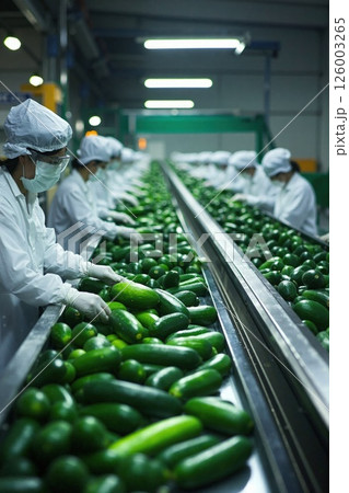 Industrial vegetable processing: workers sorting fresh zucchinis in modern factory setting 126003265