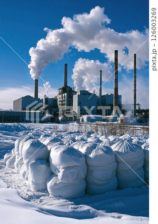 Industrial winter landscape with snow-covered silos and factory smoke against clear blue sky 126003269