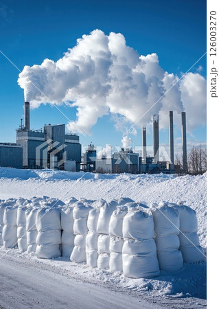 Industrial winter landscape: snow-covered factory with emission plumes and stacked white bags 126003270
