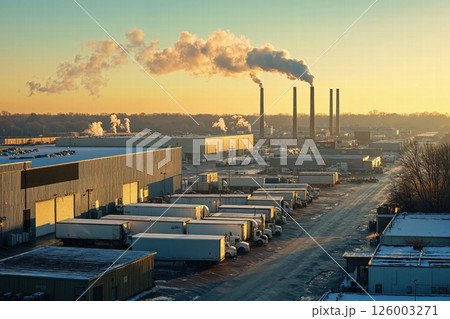 Industrial winter morning at logistics hub with smokestacks and trailers in golden light 126003271