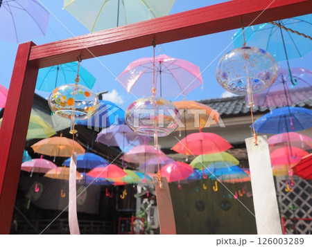 神社の空を彩るアンブレラスカイ｜カラフルな傘とエモい風景が映える日本の夏の観光素材 126003289