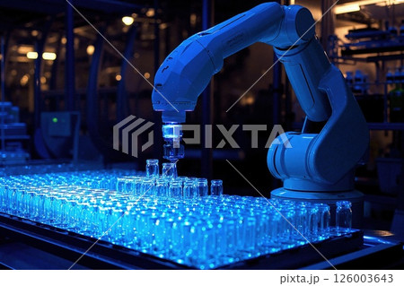 Futuristic robotic arm in high-tech laboratory with automated glassware organization 126003643