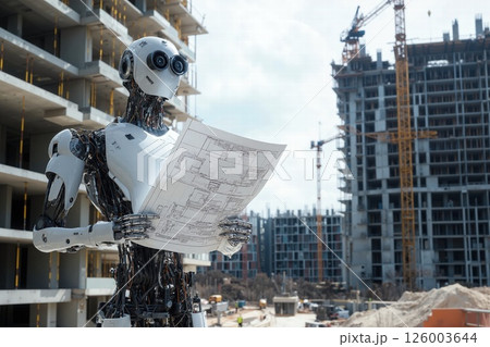 Futuristic robotics in construction: ai robot analyzing architectural blueprints amidst urban building projects 126003644