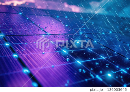 Futuristic solar panels in rainy weather with neon glow for sustainable energy concepts 126003646