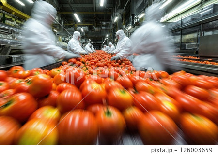 High-speed tomato sorting in industrial food processing facility with workers in protective gear 126003659