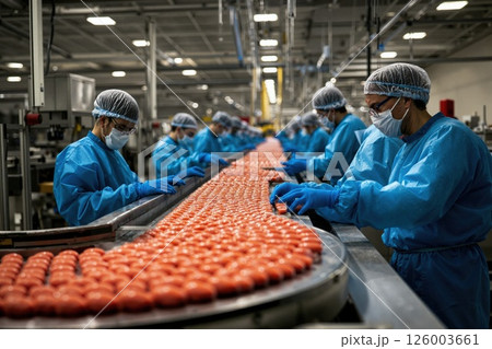 High-tech food production line with workers in protective gear at modern factory facility 126003661