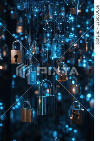Illuminated padlock installation against a dreamy bokeh backdrop in shimmering blue hue Illuminated padlock installation against a dreamy bokeh backdrop in shimmering blue hue 126003666