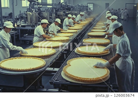 Industrial bakery production line: workers crafting large pies in factory setting 126003674