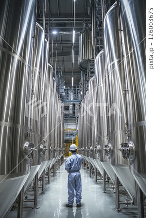 Industrial brewery operations: modern stainless steel fermentation tanks and worker in reflective gear 126003675