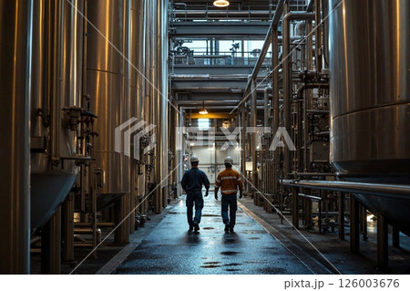 Industrial brewery walkway with workers in safety gear for efficient production Industrial brewery walkway with workers in safety gear for efficient production 126003676