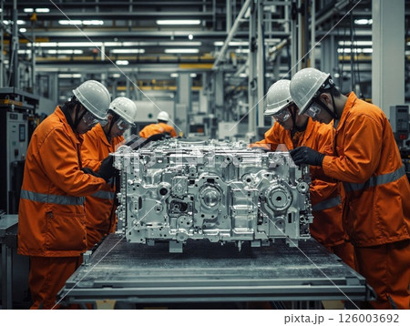 Industrial manufacturing process: workers in orange uniforms assembling machinery in modern factory Industrial manufacturing process: workers in orange uniforms assembling machinery in modern factory 126003692