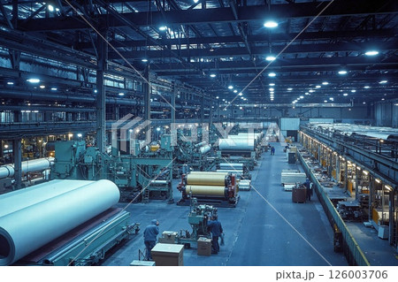 Industrial paper mill operations with machinery and rolling paper in a manufacturing facility Industrial paper mill operations with machinery and rolling paper in a manufacturing facility 126003706