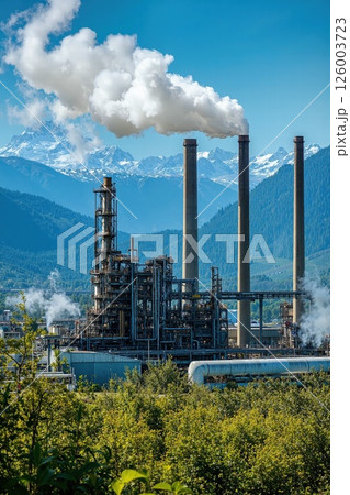 Industrial refinery amidst majestic mountain landscape with lush green foliage Industrial refinery amidst majestic mountain landscape with lush green foliage 126003723