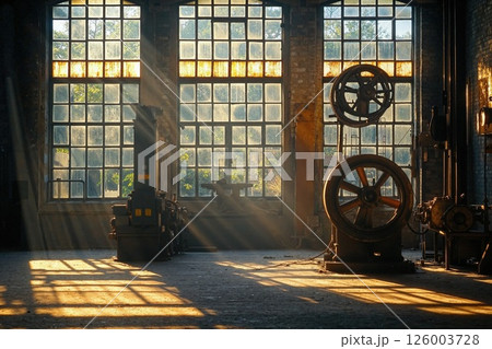 Industrial revolution vibes: sunlit factory interior with vintage machinery for retro design projects Industrial revolution vibes: sunlit factory interior with vintage machinery for retro design projects 126003728