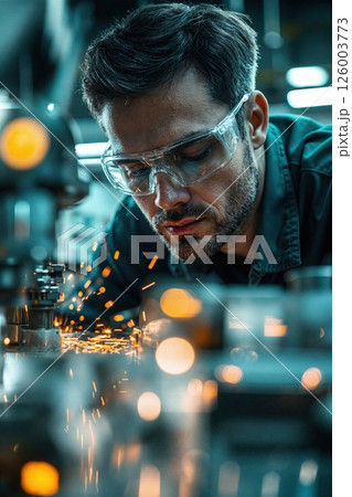 Focused industrial engineer in action with sparks flying in dynamic metal workshop setting 126003773