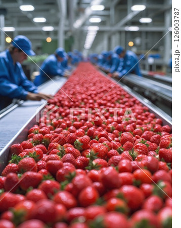 Fresh strawberry processing in modern factory setting - vibrant fruit production and quality control for food industry 126003787