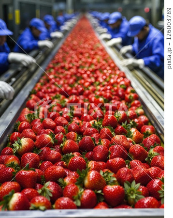 Fresh strawberry sorting process in industrial factory conveying line for optimal quality control 126003789