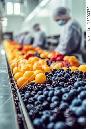 Fruit processing factory: fresh blueberries, blackberries, oranges on production line for quality control Fruit processing factory: fresh blueberries, blackberries, oranges on production line for quality control 126003794