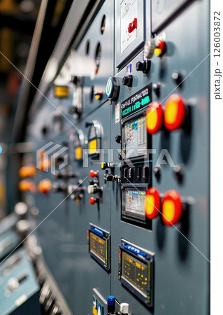 Industrial control panel with colorful buttons and display screens in modern factory setting Industrial control panel with colorful buttons and display screens in modern factory setting 126003872