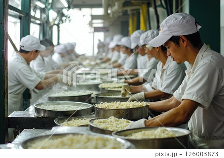 Efficient rice production line in a modern food processing facility with focused workers Efficient rice production line in a modern food processing facility with focused workers 126003873