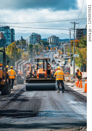 Urban road construction scene with workers and machinery in autumn cityscape for infrastructure development projects 126003881