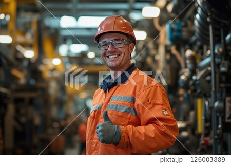Industrial worker in orange safety gear giving thumbs up in factory setting 126003889