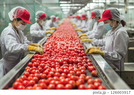 Automated tomato sorting process in modern food processing plant for efficiency and quality control Automated tomato sorting process in modern food processing plant for efficiency and quality control 126003917