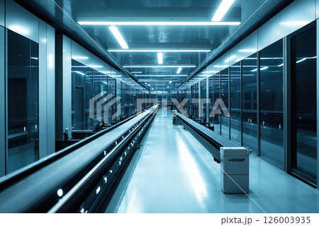 Futuristic corridor with neon lighting in modern industrial setting for sci-fi concept designs and tech themes 126003935