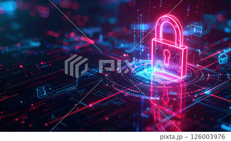 Digital illustration of security lock symbol glowing neon pink 126003976