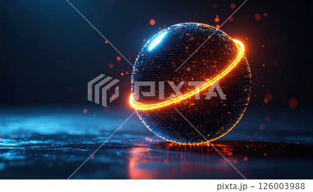 Glowing digital sphere with fiery ring floating space 126003988