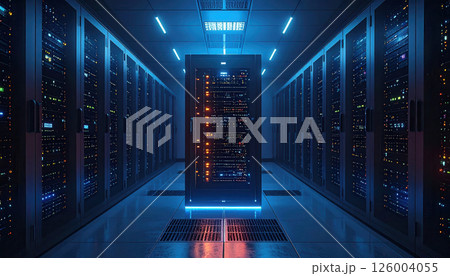 Modern data center with server racks illuminated by blue 126004055