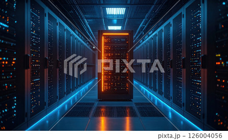 Modern data center with central server illuminated by orange 126004056