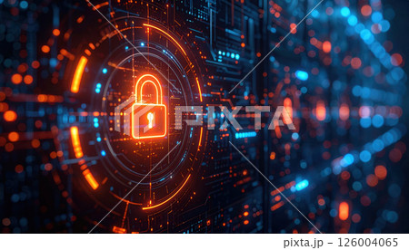 Digital security concept with glowing lock icon surrounded by Digital security concept with glowing lock icon surrounded by 126004065