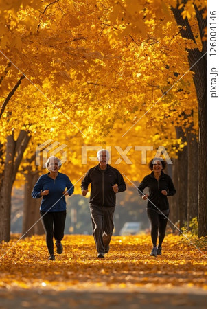 Autumn morning jogging: active seniors enjoying nature amidst golden fall foliage Autumn morning jogging: active seniors enjoying nature amidst golden fall foliage 126004146
