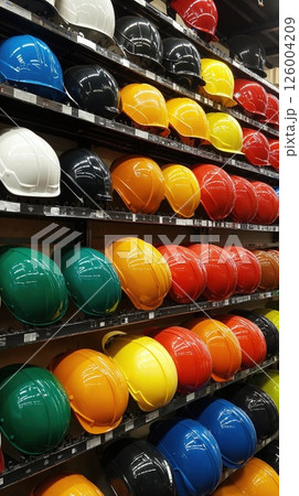 Colorful safety helmets display for construction and industry visual merchandising inspiration 126004209