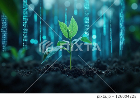 Digital nature: futuristic connection of technology and sustainability in a green plant growth concept 126004228