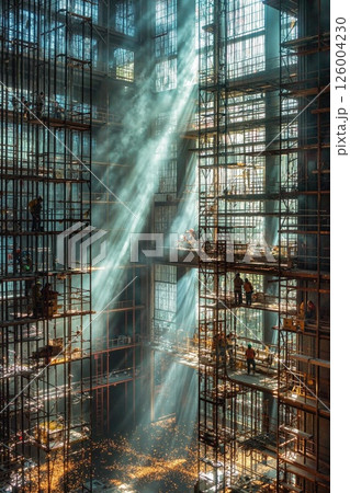 Dramatic sunlit construction site with scaffolding and welding sparks in industrial interior 126004230