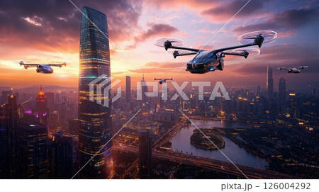 Futuristic urban drone skyline at sunset - smart city transportation innovation 126004292