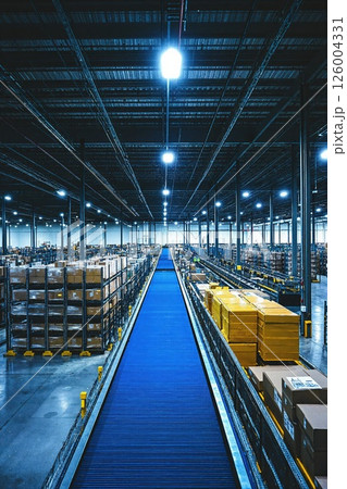 Industrial warehouse interior with conveyor belt and stacked goods for logistics and distribution management 126004331