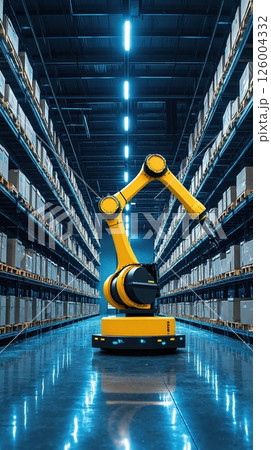 Innovative robotic arm in high-tech warehouse automation and logistics environment 126004332