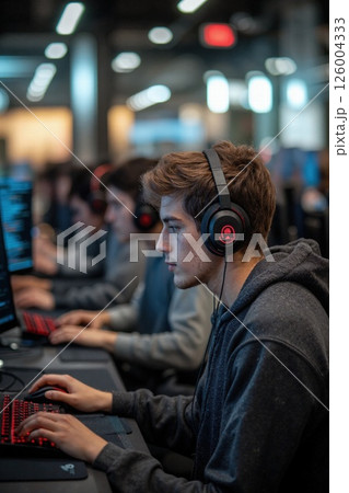 Intense competitive gaming arena focused gamers headsets technology atmosphere 126004333
