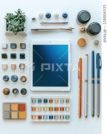 Minimalist workspace with tablet and stationery for artistic inspiration and productivity 126004335
