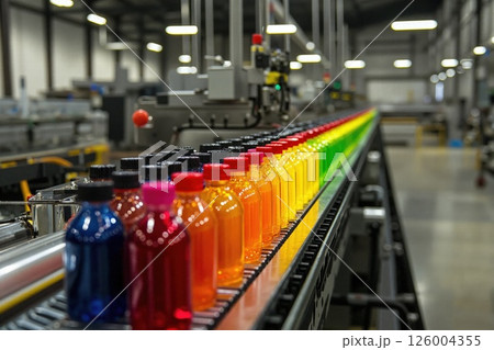 Vibrant bottles on conveyor: industrial precision and colorful design for manufacturing insights Vibrant bottles on conveyor: industrial precision and colorful design for manufacturing insights 126004355