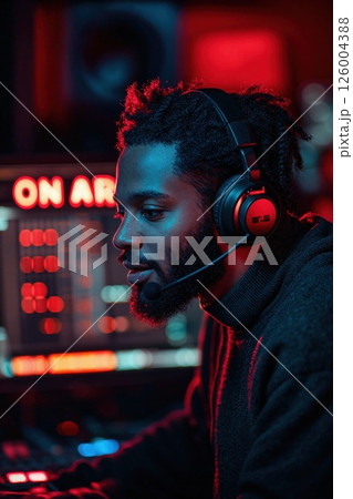 Dynamic podcast studio scene with focused host wearing headset in neon red and blue lighting 126004388