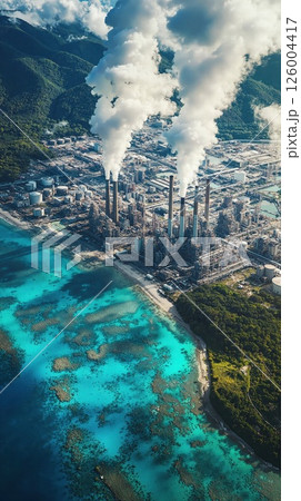Industrial landscape meeting pristine ocean: aerial view of coastal factory emissions 126004417