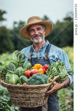 Rustic farmer with harvest of fresh organic vegetables in countryside garden for sustainable living and farm-to-table concepts 126004450