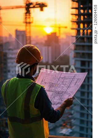 Urban construction at sunset: architect analyzing building plans on site modern cityscape development and engineering vision 126004458